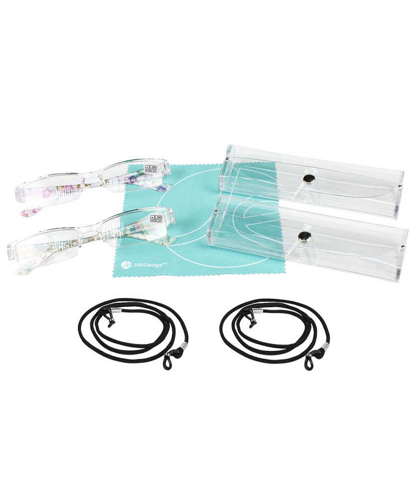 JE (2 PACK) (2 pcs) Floral Unisex Powered Reading Glasses (2 pcs) Protective Cases + (2 pcs) Reading Next Straps