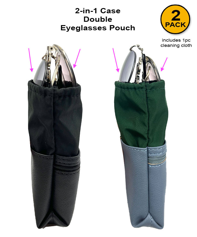 (2 PACK) JAVOedge 2 in 1 Double Eyeglasses Pouch Large Size Storage Case Fits Most Glasses and Sunglasses for Men / Women