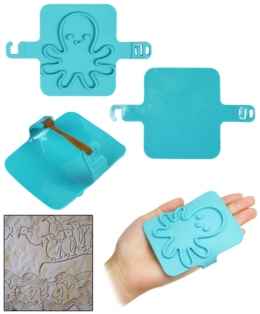 JAVOedge 4 Pack Bundle of Plastic Sand Print Toys for Kids (Fish, Dinosaur, Octopus, and Penguin)