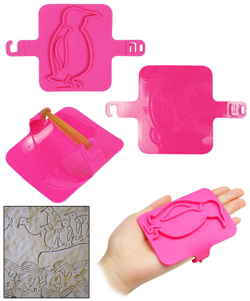 JAVOedge 4 Pack Bundle of Plastic Sand Print Toys for Kids (Fish, Dinosaur, Octopus, and Penguin)