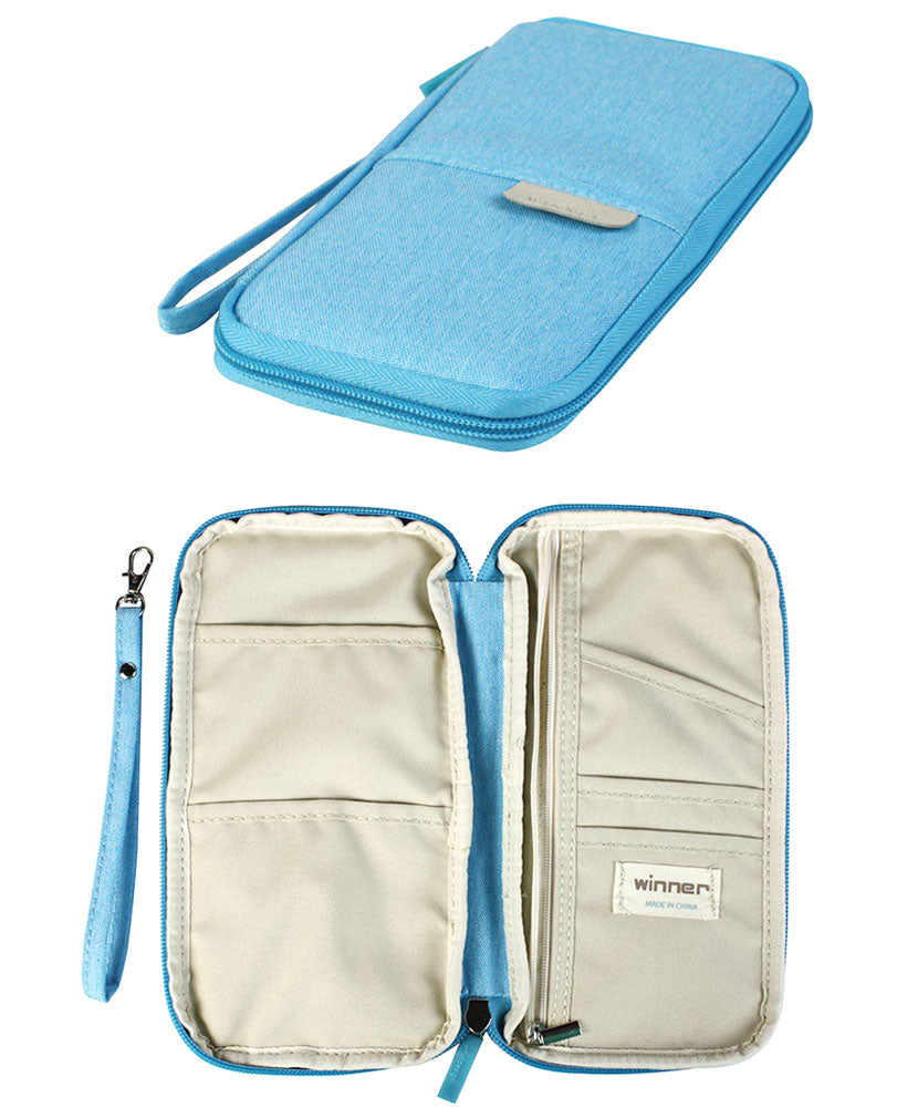 JAVOedge Blue Long Zippered Passport and Travel Document Organizer, Front Pocket, Wristlet