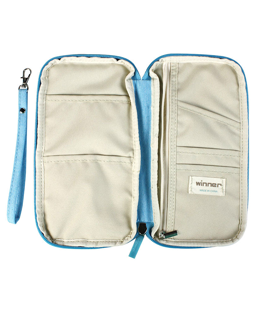 JAVOedge Blue Long Zippered Passport and Travel Document Organizer, Front Pocket, Wristlet