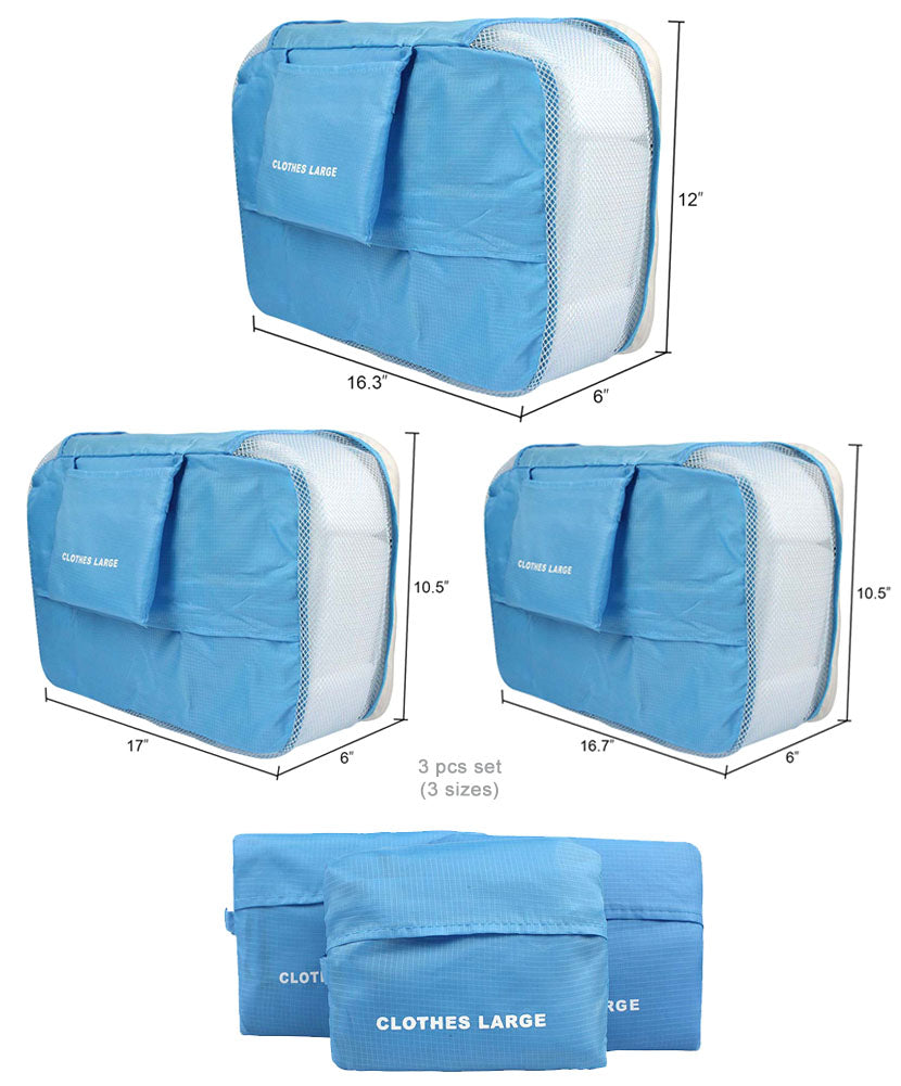 JAVOedge Blue 3 Piece Bundle Nylon Travel Packing / Home Storage Organizer Cubes (Small, Medium, Large)