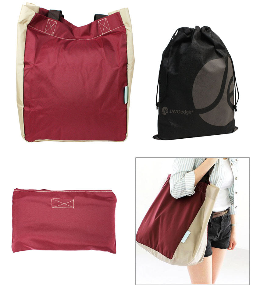 JAVOedge Fold Up Self Storage Travel Tote Bag with Reusable Drawstring Bag