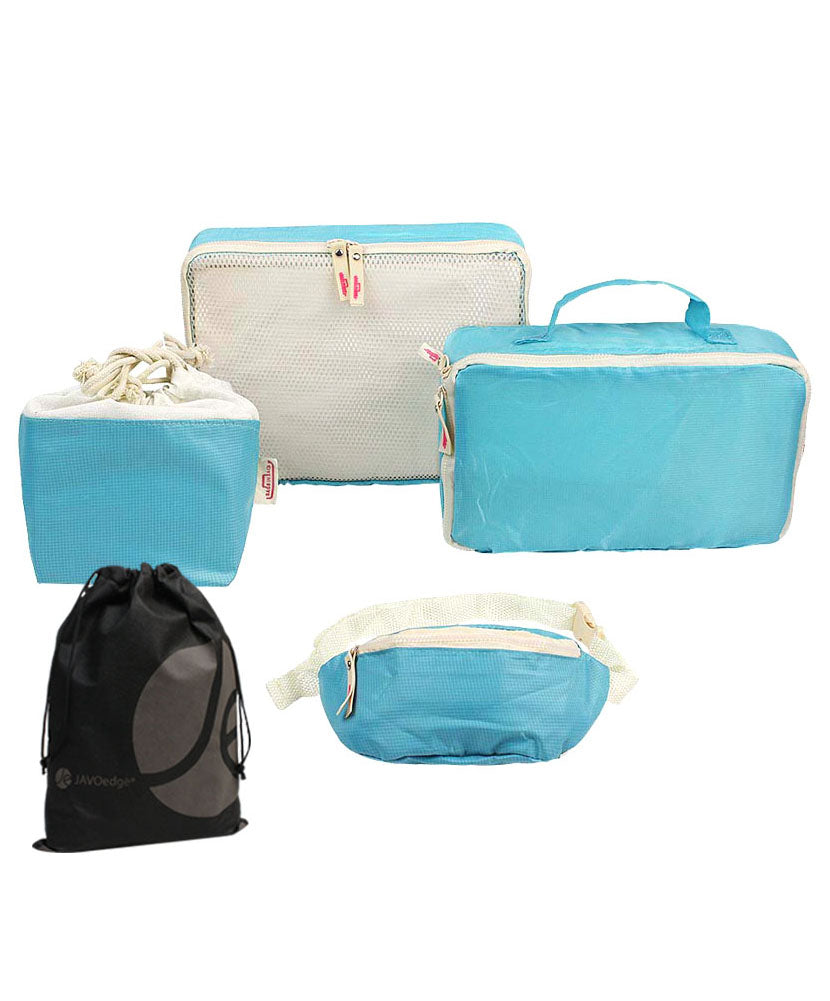 JAVOedge 4 Piece Light Blue Travel Set - Clothing Storage bag, Drawstring Bag, Cosmetic Clutch, and Fanny Pack
