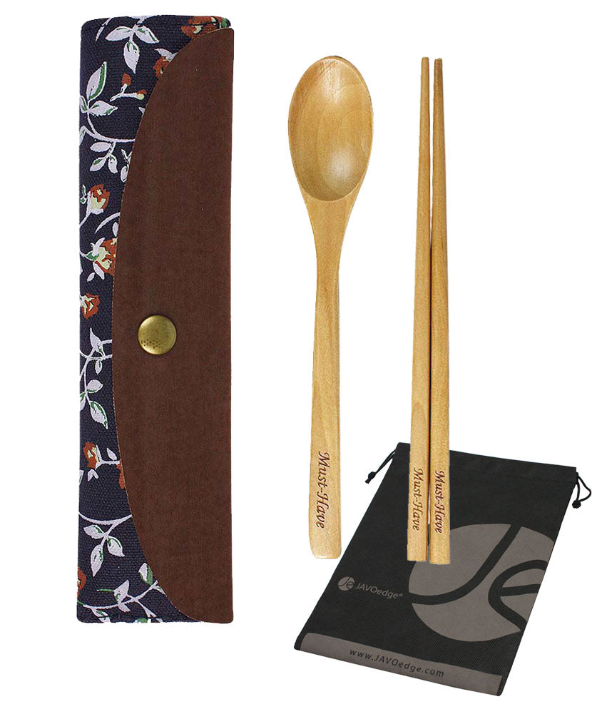 JAVOedge Wooden Chopsticks and Spoon Lunch Silverwear Set with Fabric Flower Holder