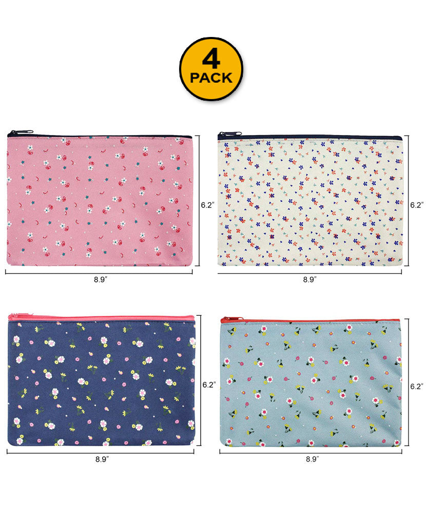 JAVOedge 4 Pack of Easy Storage or Travel Nylon Zipper Bags (Dark Blue, Light Blue, Beige, and Pink)