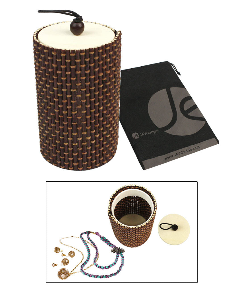 JAVOedge Small Oval Travel Bamboo Jewelry Storage Box with Drawstring Bag