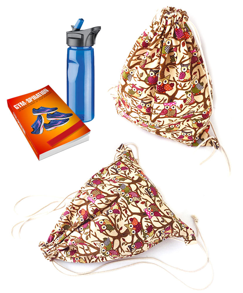 JAVOedge Beige Owl Pattern Lightweight Fabric Drawstring Bag for Packing, Storage, Undergarments