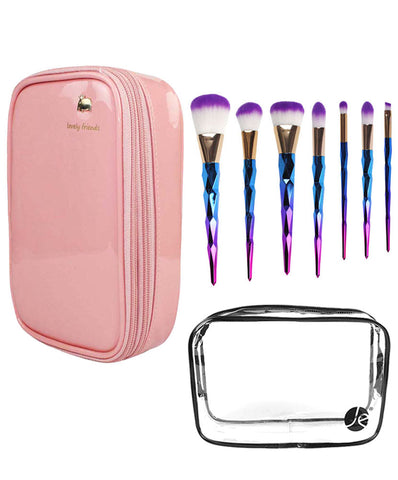 JAVOedge (2 PCS SET) Bold Colored 2 Layers and Double Zipper Cosmetic Makeup Brush Travel Bag W/ Clear PVC Zipper Bag