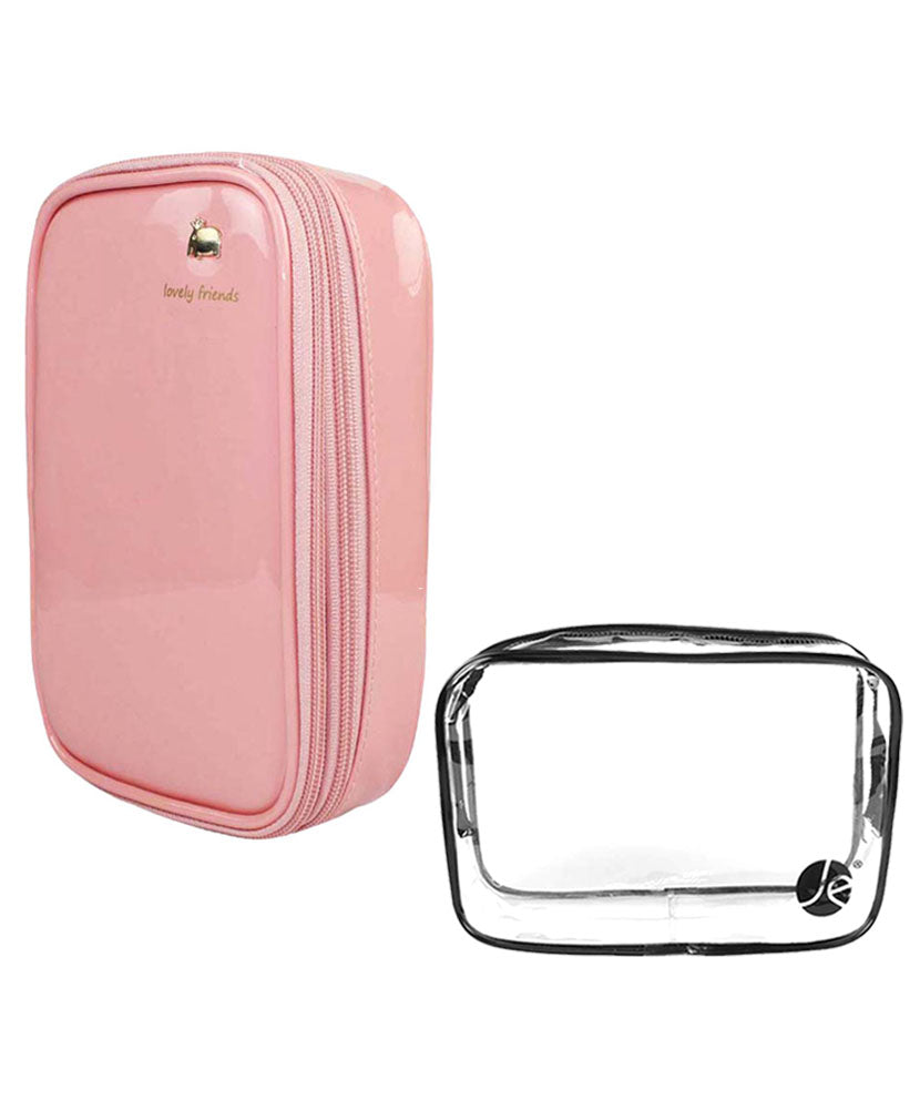 JAVOedge (2 PCS SET) Bold Colored 2 Layers and Double Zipper Cosmetic Makeup Brush Travel Bag W/ Clear PVC Zipper Bag