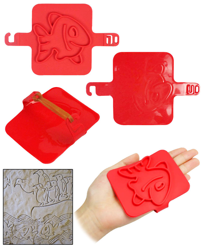 JAVOedge 4 Pack Bundle of Plastic Sand Print Toys for Kids (Fish, Dinosaur, Octopus, and Penguin)