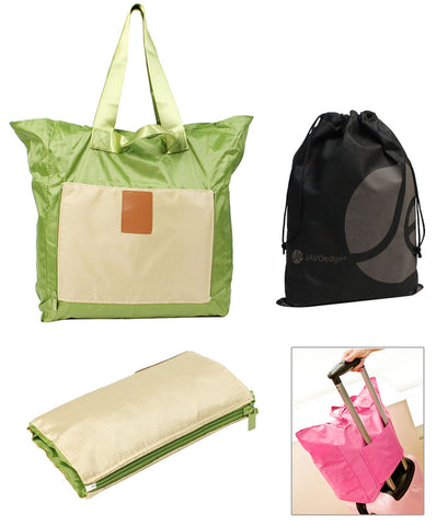 JAVOedge Fold Up Self Storage Travel Tote Bag with Reusable Drawstring Bag
