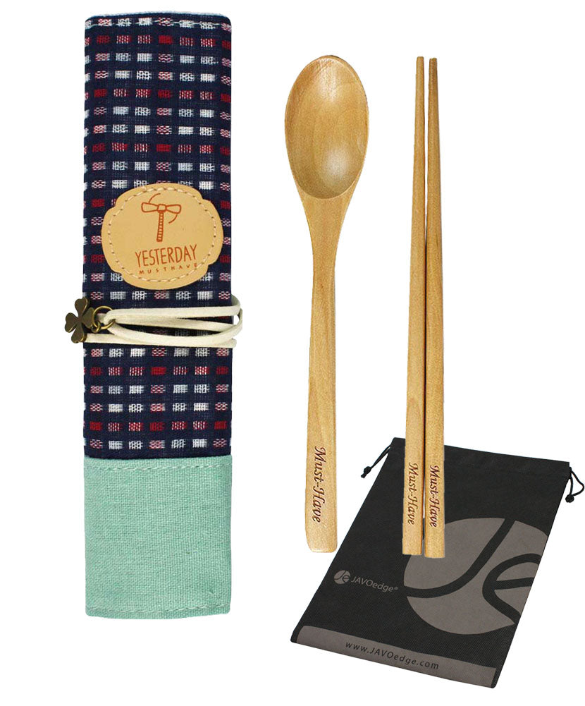 JAVOedge Wooden Chopsticks and Spoon Set with Silverwear Holder