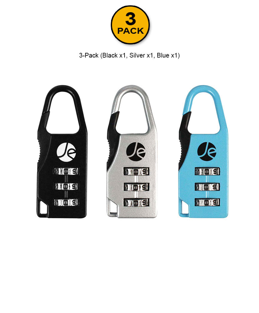 [3 PCS SET], 3 Dial Combination Luggage Metal Lock in 3 Colors with Travel Bag (Blue, Black, Silver)